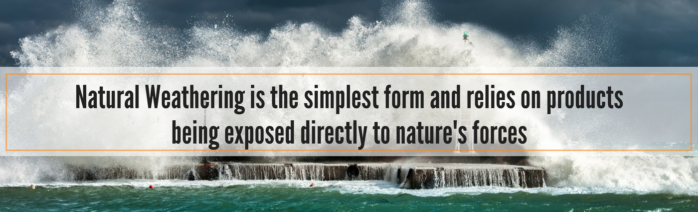 An image design explaining natural weathering with a picture of sea water splashing against a rock in the background.